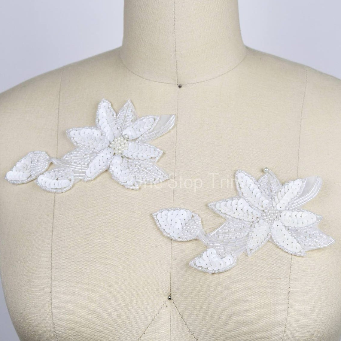 Flower Applique Beaded Sequined Off White