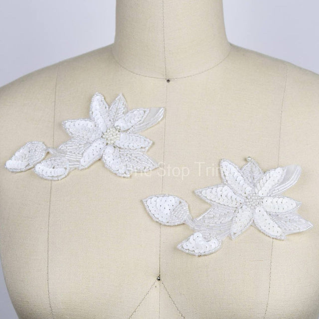 Flower Applique Beaded Sequined Off White
