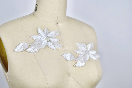 Flower Applique Beaded Sequined Off White