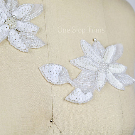 Flower Applique Beaded Sequined Off White
