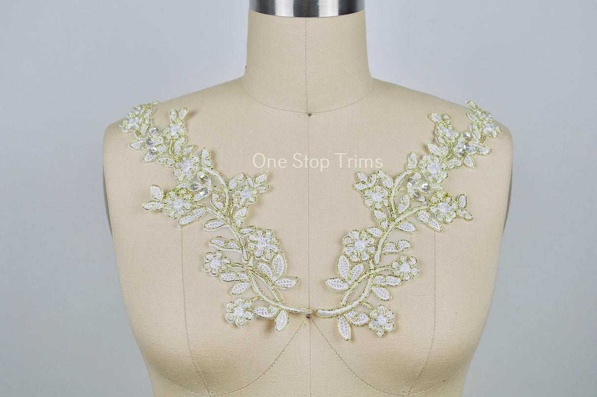 Beaded Sequined Applique White Gold