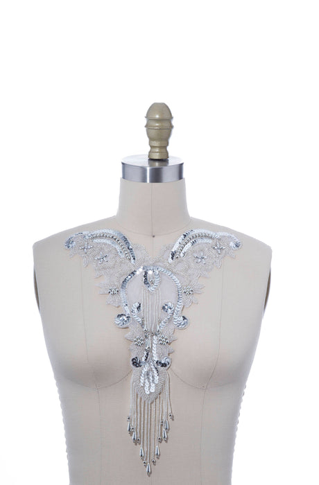 Beaded Sequined Applique Silver Iron-On