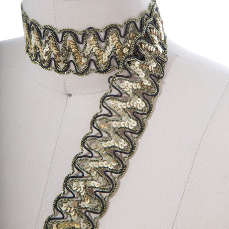 Sequin Picot Trim Olive Gold Black 1.5in