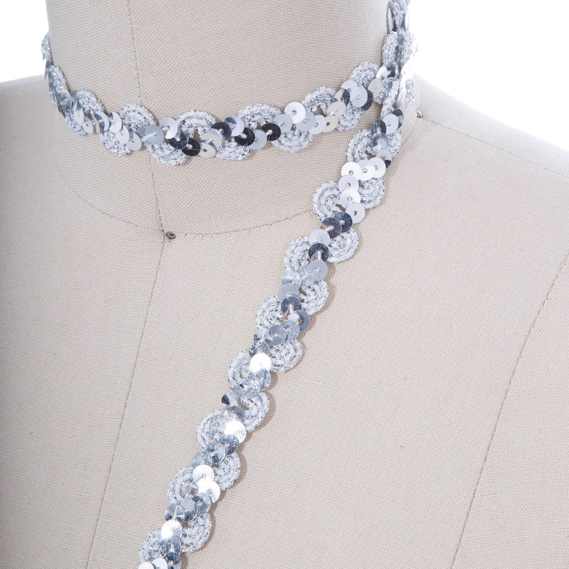 Sequined Ribbon Trim Silver Scroll Design