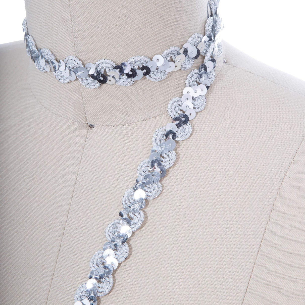 Sequined Ribbon Trim Silver Scroll Design