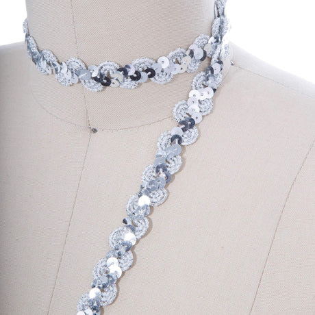 Sequined Ribbon Trim Silver Scroll Design
