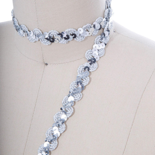 Sequined Ribbon Trim Silver Scroll Design
