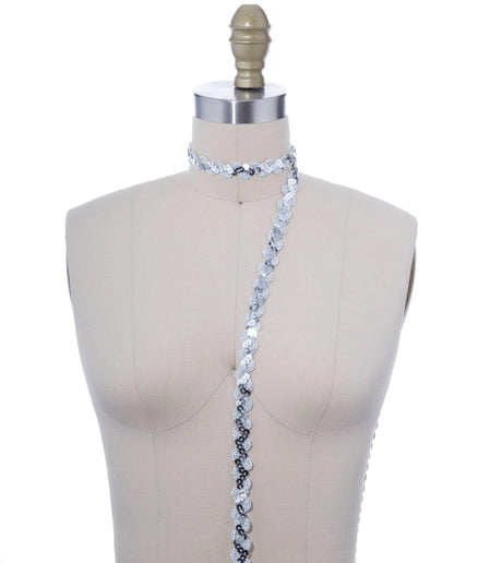 Sequined Ribbon Trim Silver Scroll Design