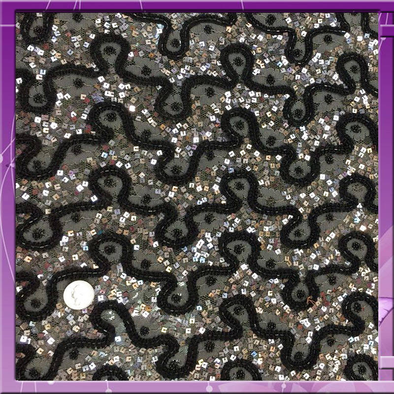 Beaded French Lace Fabric Silver Grey Black