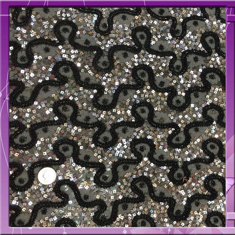 Beaded French Lace Fabric Silver Grey Black