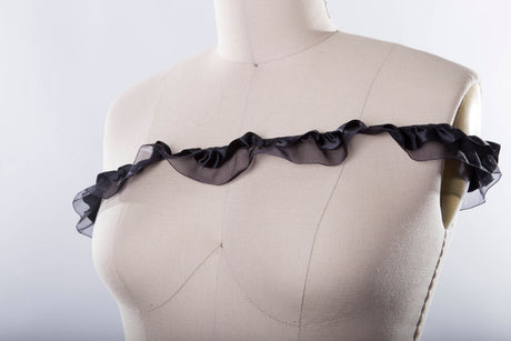 Ruffle Trim Black Satin Chiffon 1.5in