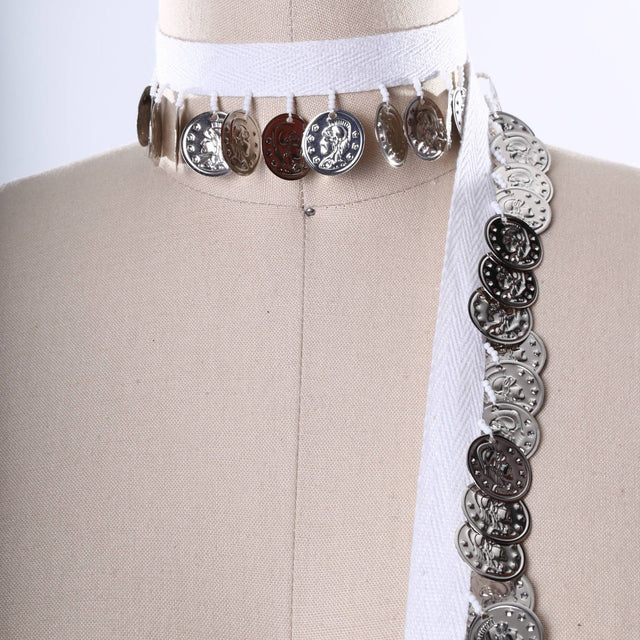 Coin Fringe Trim Silver White Cotton