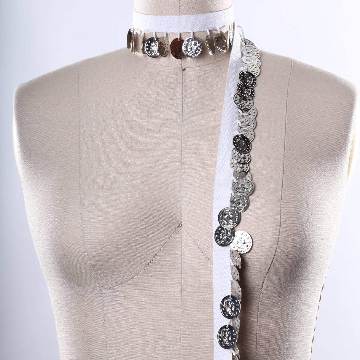 Coin Fringe Trim Silver White Cotton
