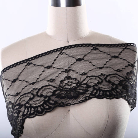 Lace Trim Polyester Floral Scalloped Black White