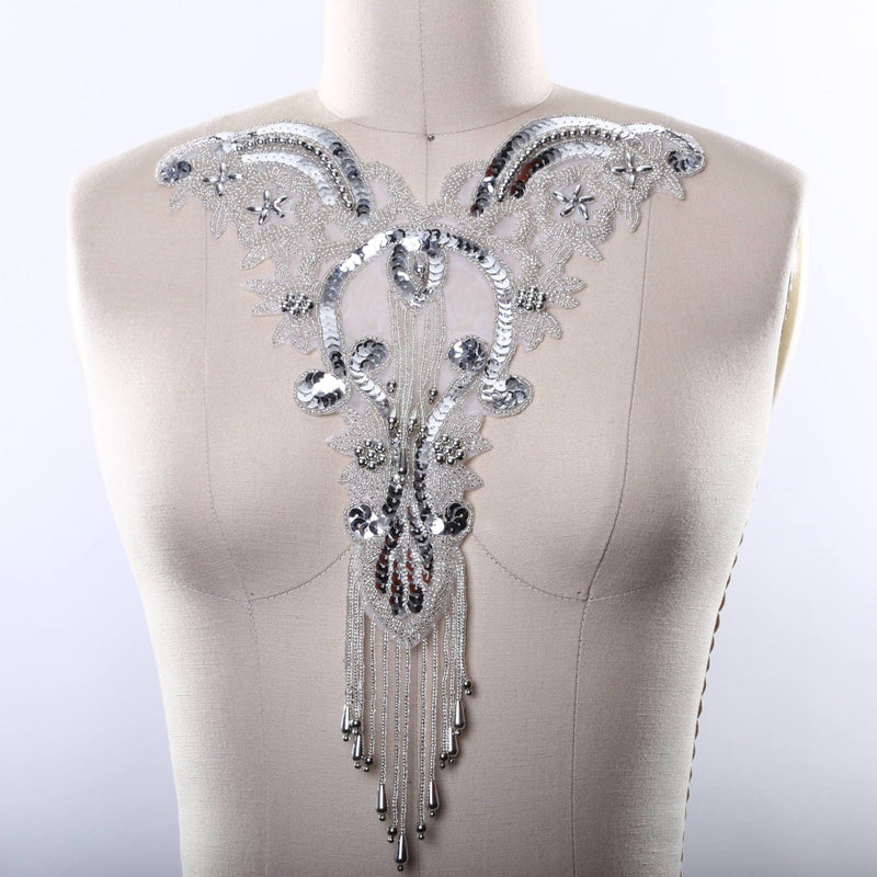 Beaded Sequined Applique Silver Iron-On