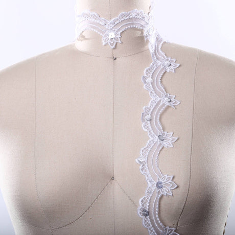 Sequined Polyester Lace Trim White Ivory 1 Inch