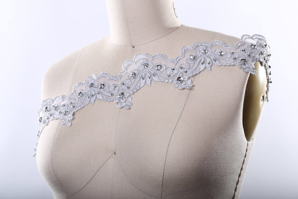 Beaded Lace Pearl Trim Gray Silver