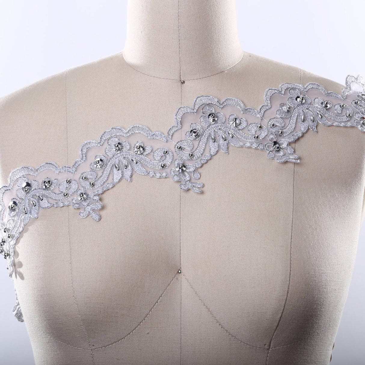 Beaded Lace Pearl Trim Gray Silver