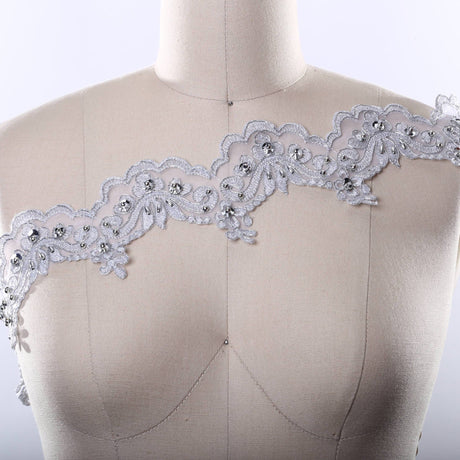 Beaded Lace Pearl Trim Gray Silver