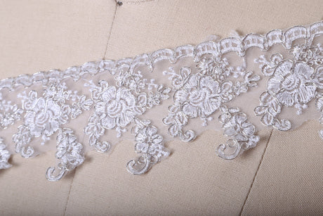 Bridal Lace Trim White Silver Sheer
