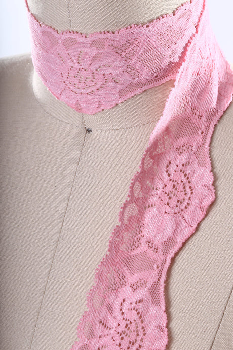Stretch Lace Trim Carnation Pink Floral Scallops