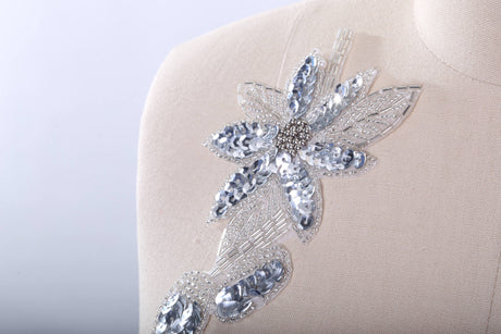 Flower Applique Silver Sequins Beads
