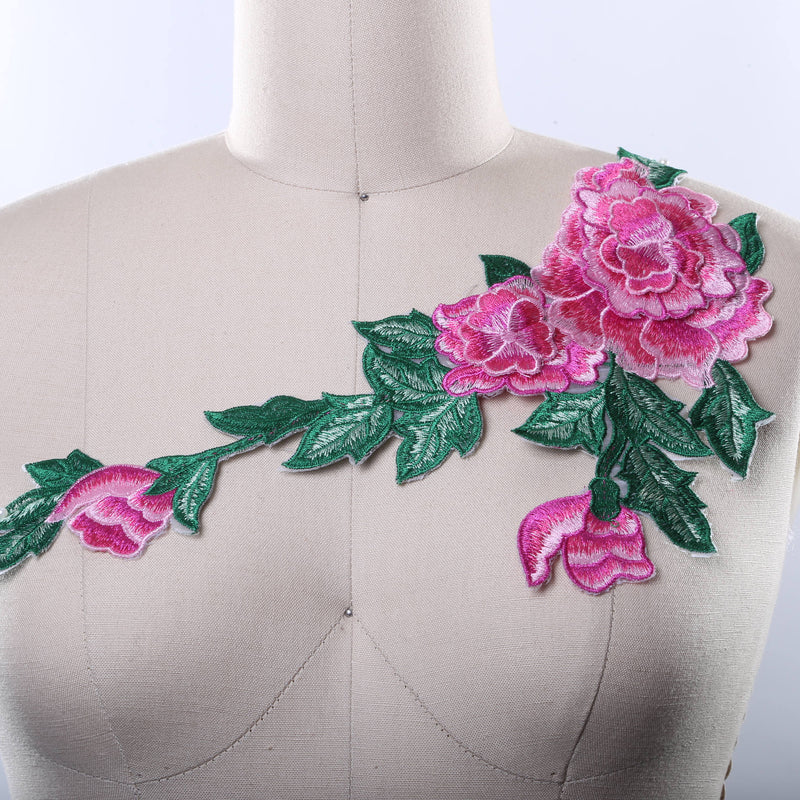 Embroidered Flower Applique Pink Green