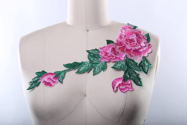 Embroidered Flower Applique Pink Green