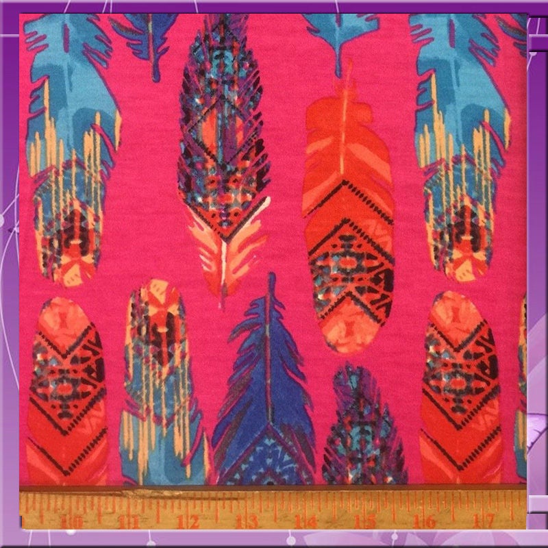 Stretch Rayon Feather Print Fabric Pink Fuchsia