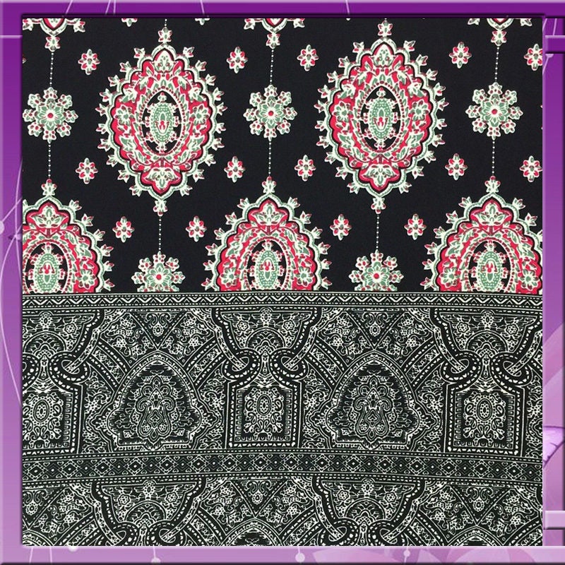 Rayon Challis Two Border Black and Fuchsia