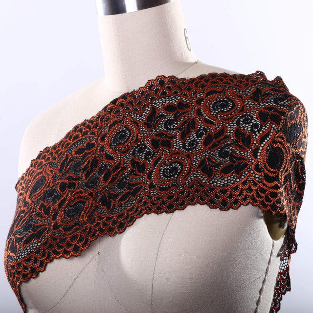 Stretch Lace Trim Orange Black 6 Inch