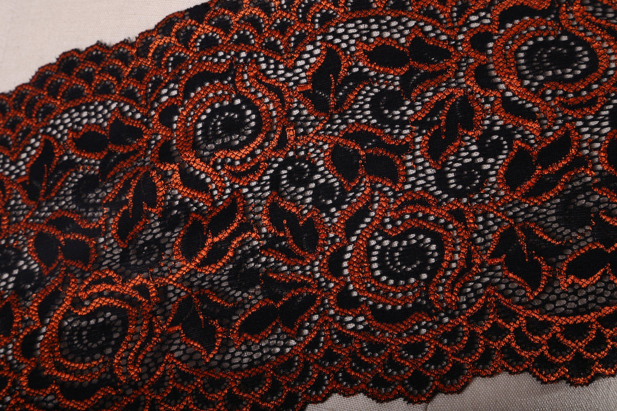 Stretch Lace Trim Orange Black 6 Inch