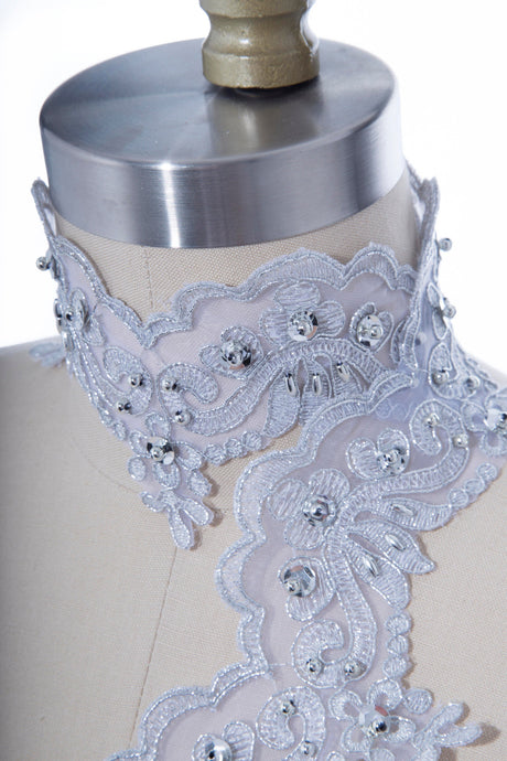 Beaded Lace Pearl Trim Gray Silver