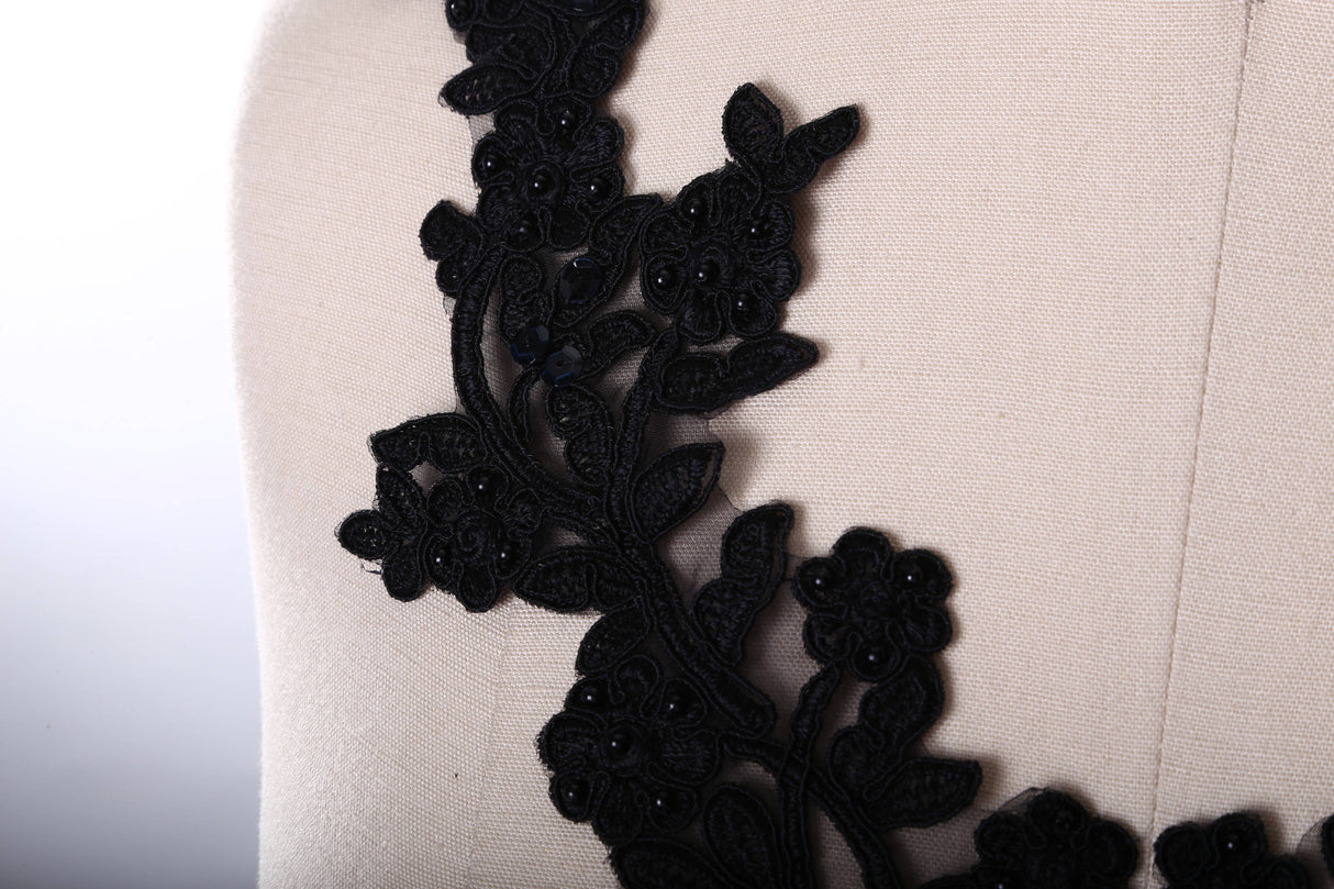 Beaded Lace Applique Pair Black