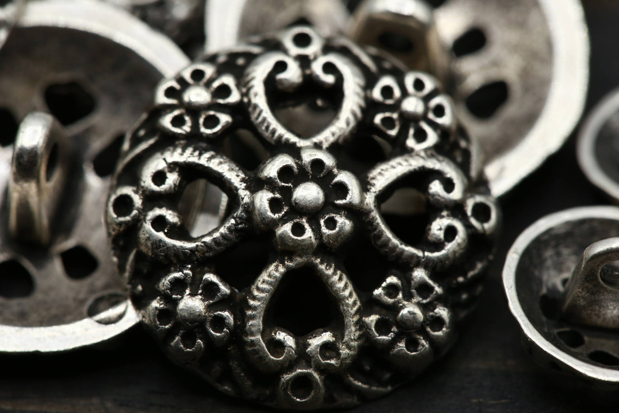Silver Metal Shank Button Flower Swirl