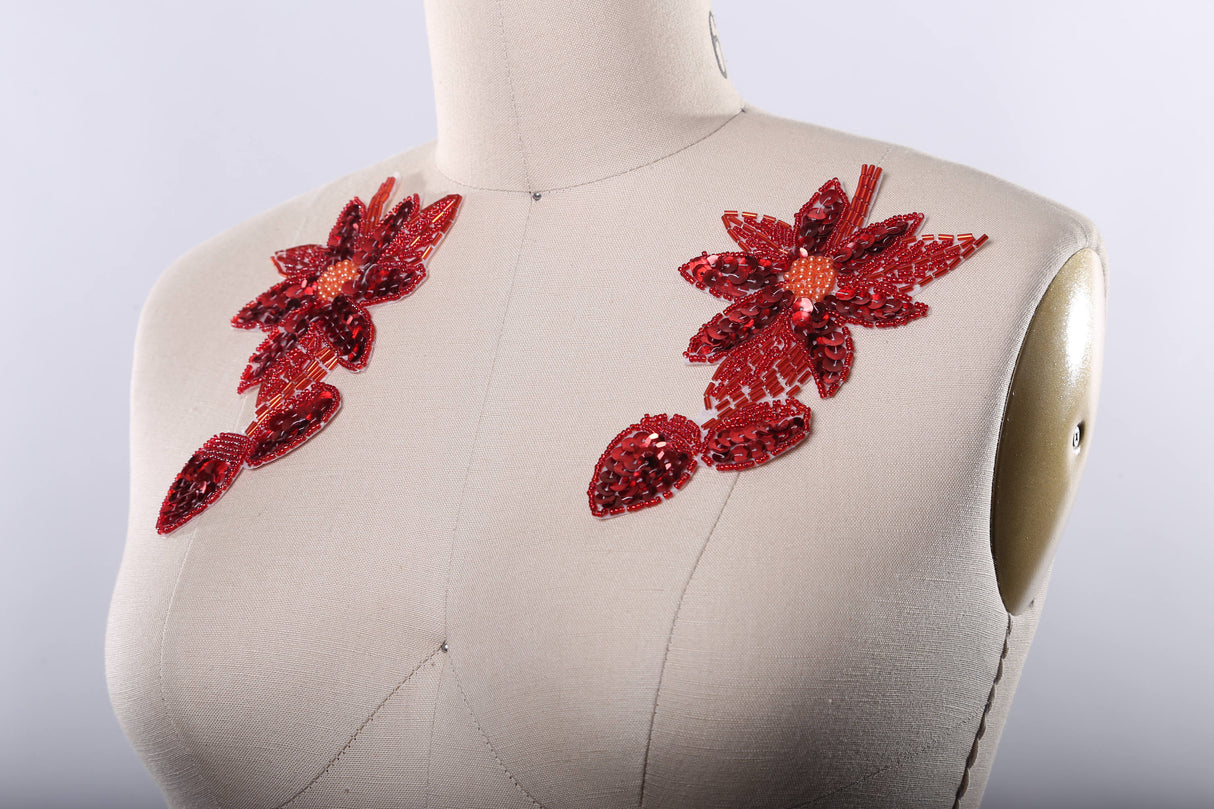 Flower Applique Red Beaded Sequined Iron-On