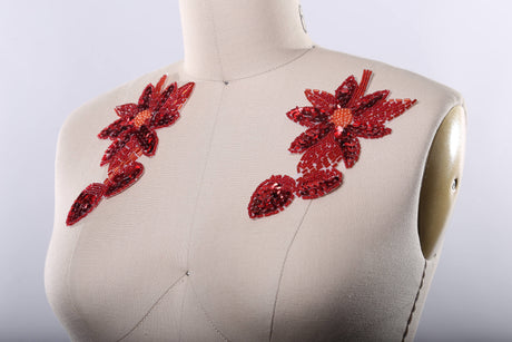 Flower Applique Red Beaded Sequined Iron-On