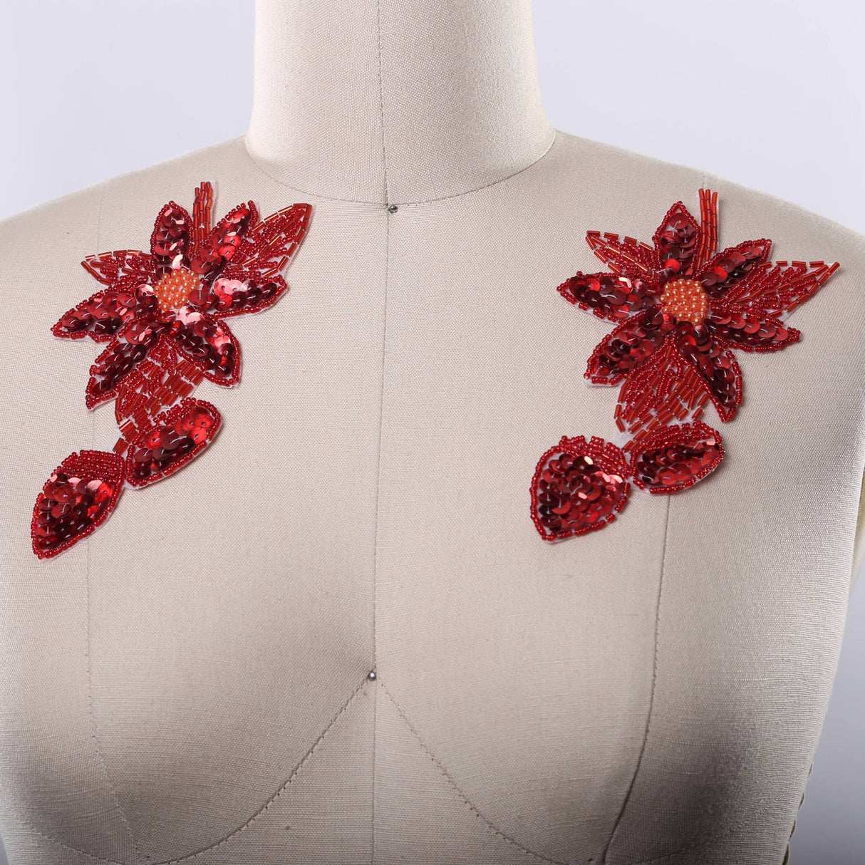 Flower Applique Red Beaded Sequined Iron-On