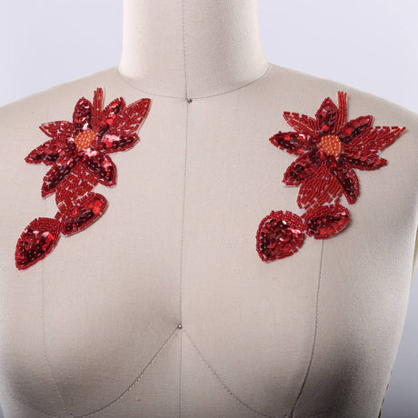 Flower Applique Red Beaded Sequined Iron-On