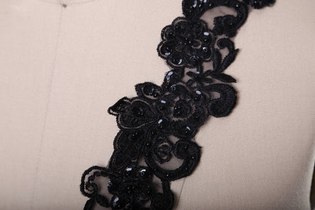 Beaded Floral Collar Applique Black 9in Pair