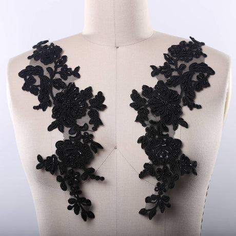 Beaded Lace Applique Black Mirrored