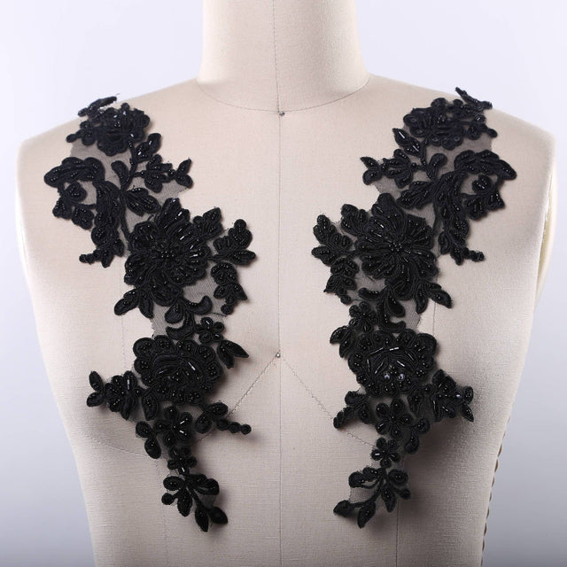 Beaded Lace Applique Black Mirrored