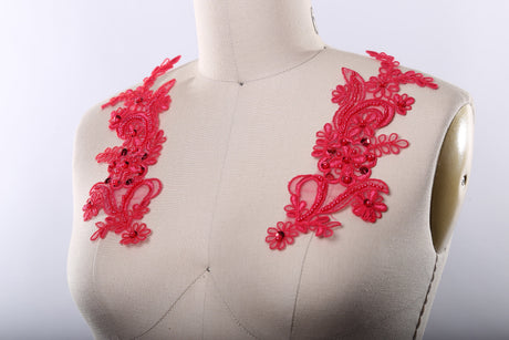 Beaded Lace Applique Coral Pink
