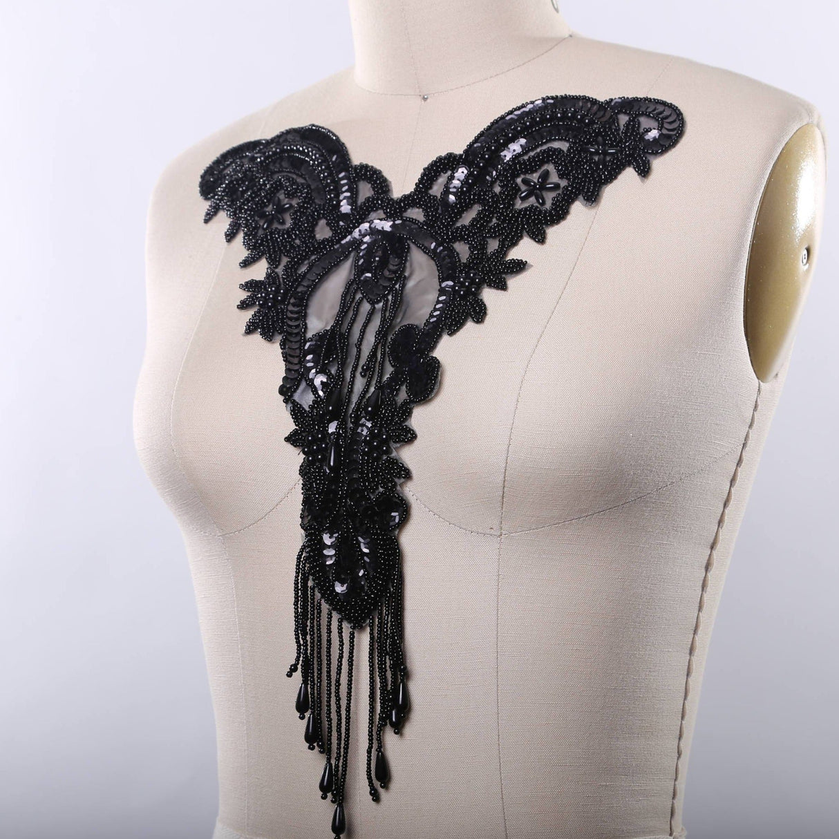 Beaded Applique Black Sweetheart Fringe