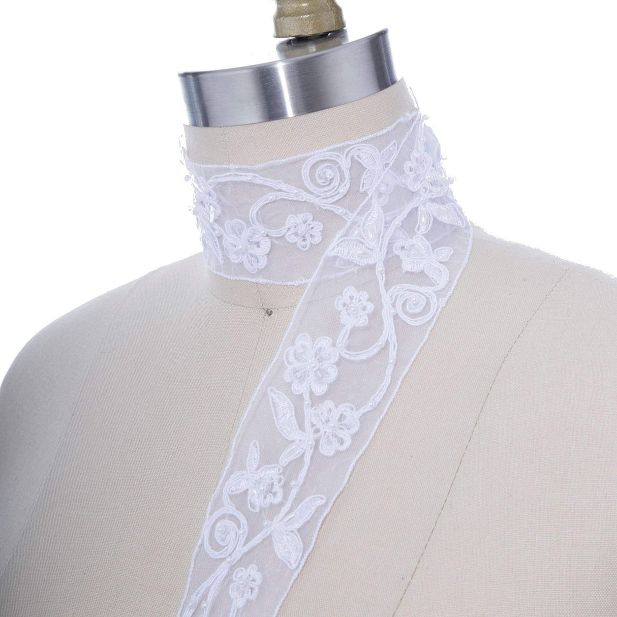 Beaded Flower Swirl Lace Trim White