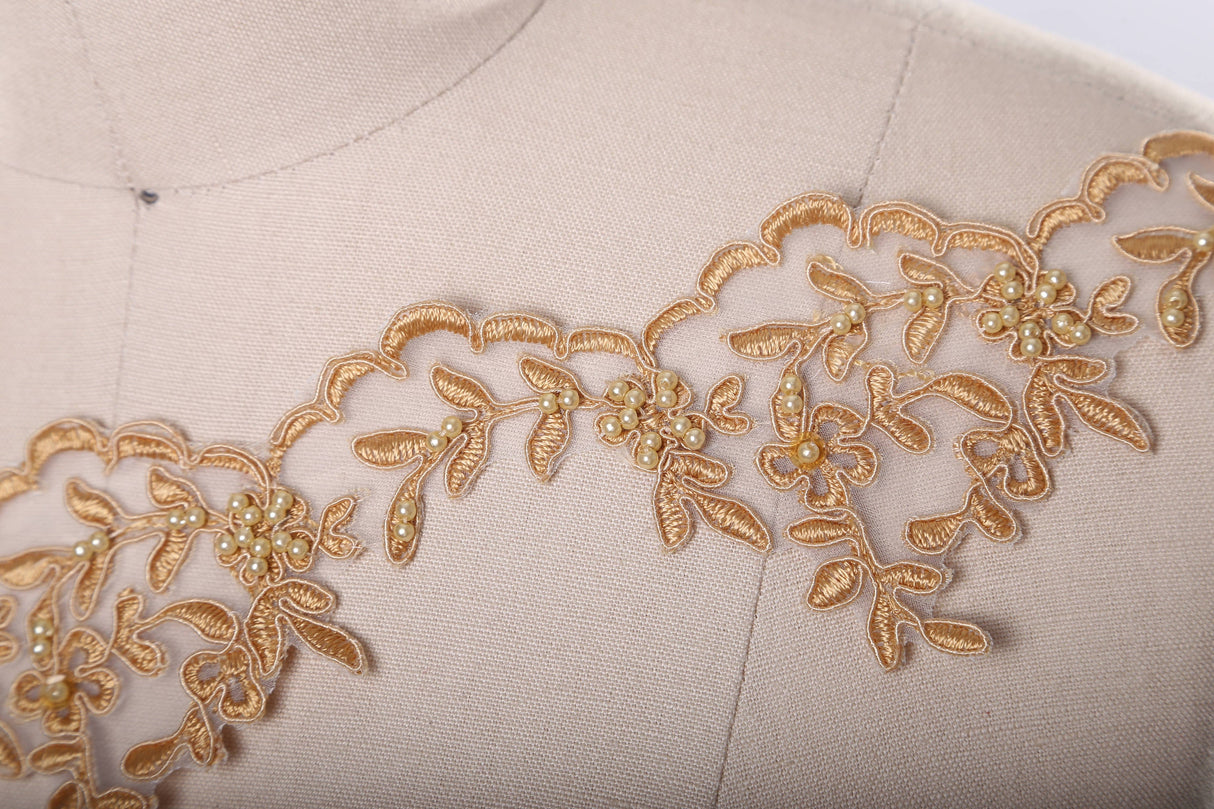 Gold Beaded Scalloped Lace Trim 3"