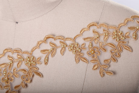 Gold Beaded Scalloped Lace Trim 3"
