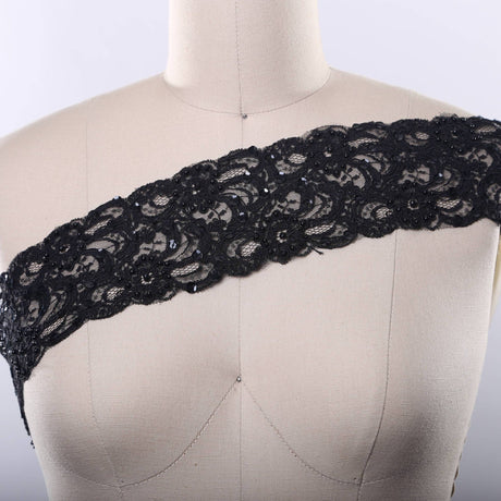 Black Beaded Alencon Lace Trim 3.75in