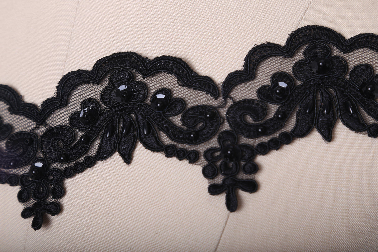 Beaded Lace Trim Black 2.5"