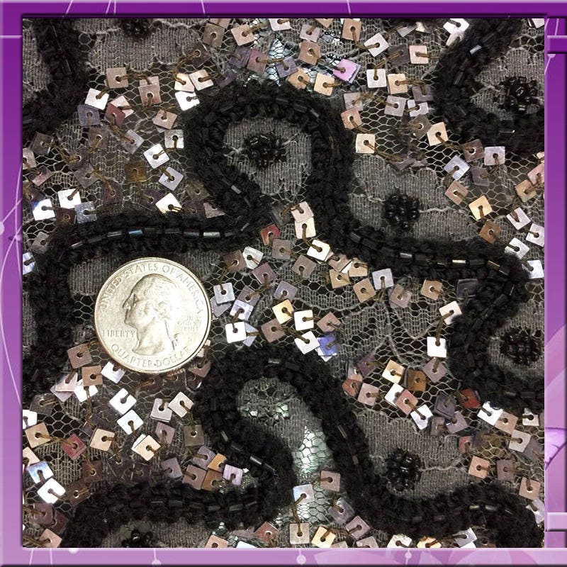 Beaded French Lace Fabric Silver Grey Black